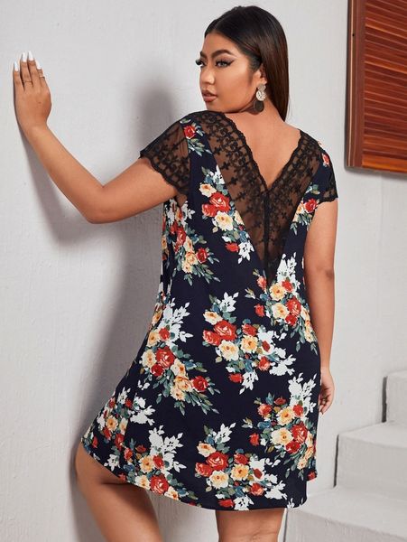 

plus floral print embroidery mesh insert dress u1bf#, Black