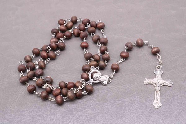 

pendant necklaces 6 7mm red maple wood perfume bead rosary religious necklace with fatima and the five mysteries connector, Silver