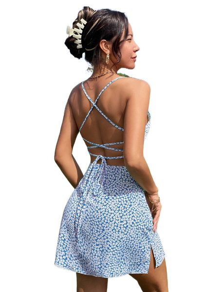 

ditsy floral criss-cross backless split cami dress 85pj#, Black;gray