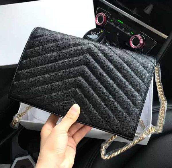 

woman bag handbag purse original box genuine leather women messenger cross body gold/silver chain envelope bag black grain