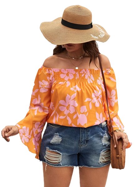 

plus floral print off shoulder shirred flounce sleeve blouse h262#, Black