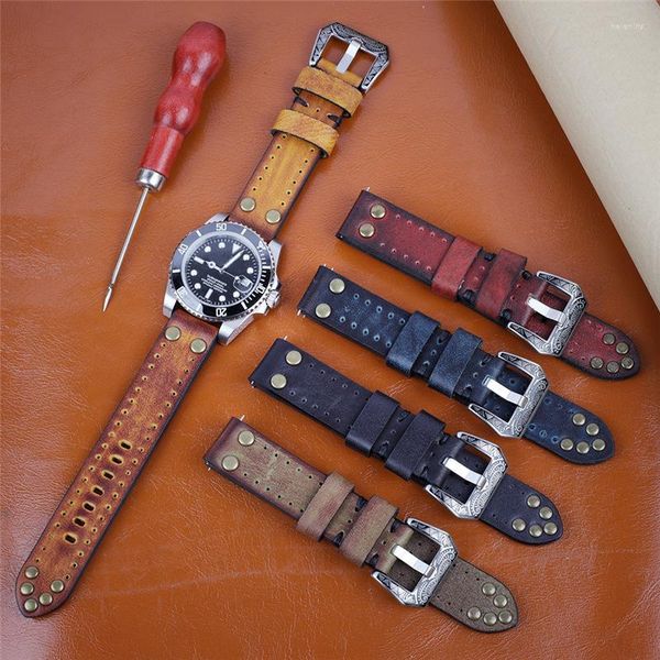 Watch Bands Cowhide Lederband 18 20 22 24mm 22mm Vintage Herrenzubehör Uhrenbandbänder graviert Schnalle Uthai G26 HELE22