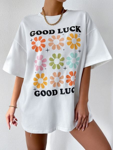 

floral and letter graphic drop shoulder tee a93s#, White