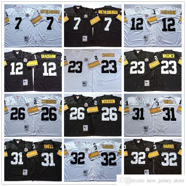 

1980 vintage mitchell and ness football 26 rod woodson jerseys retro ben roethlisberger 12 terry bradshaw 23 mike wagner 32 franco harris 31, Black;red