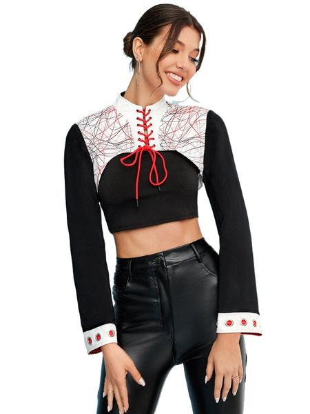 

x anne kyrsten 1pc colorblock lace up front super crop m1iw#, White