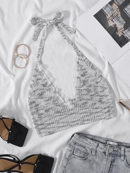 

space dye lace trim tie back knit v5bu#, White;black