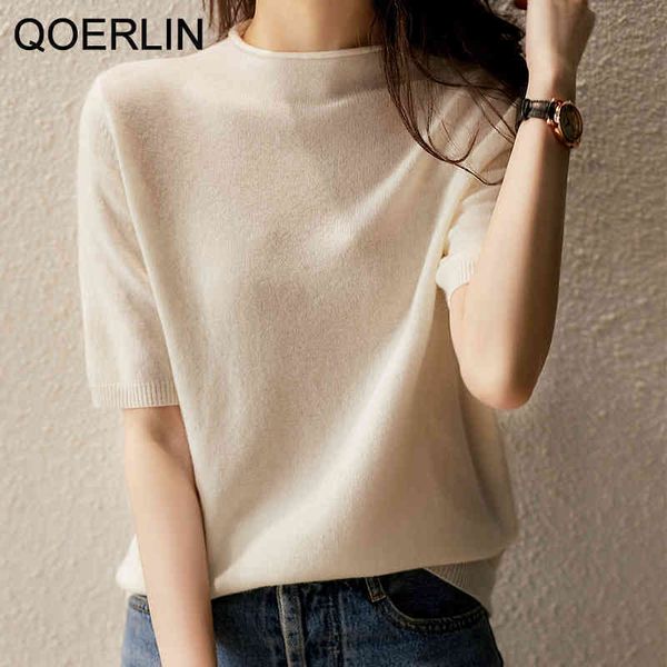 

qoerlin summer stand collar tshirt half sleeve knit sweater slim basic tee shirts black white basic wear 210412