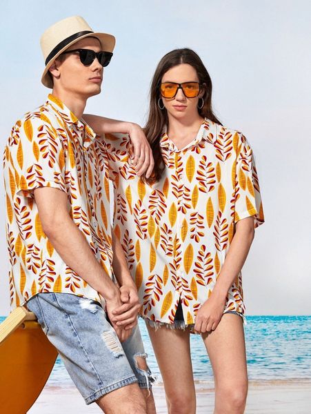 

1pc allover plants print button up shirt v2fs#, White;black