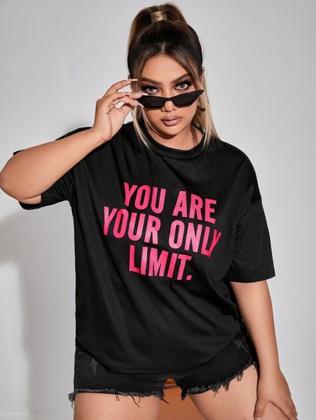 

plus slogan graphic drop shoulder tee h1tm#, Black