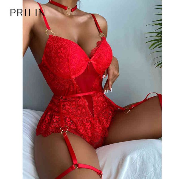 Nxy Intimo sexy Donne mature Lingerie Bondage Giarrettiera Girocollo Cinghie per le gambe Stringate San Valentino Pizzo Lusso Esotico Corsetto lungo Rosso 220419