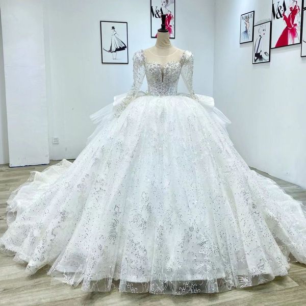 

custom made ball gown wedding dresses glitter dubai arabia long sleeves beads lace appliqued crystal bridal gowns real images 2022, White