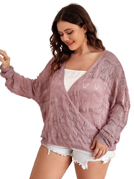

plus drop shoulder backless pointelle knit sweater without camisole 04oe#, Black