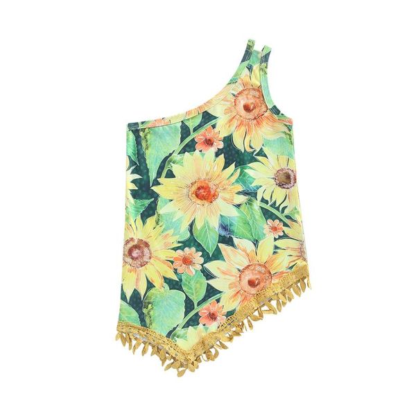 

girl's dresses children infant kids baby girls summer casual dress sloping shoulders sunflower print fringed hem sleeveless 1-6tgirl&#0, Red;yellow