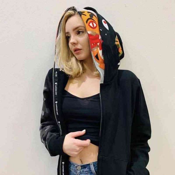 

shark jacket pure cotton hoodie double hat series designer brand glow-in-the dark camo hooded male and female student couple hip hop18ge, Black