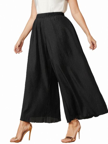 

plus elastic waist wide leg pants 51cs#, Black