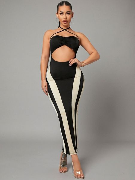 

sxy colorblock cut out backless bodycon dress 78w2#, Black;gray