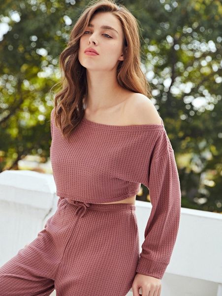

waffle knit asymmetrical neck sleep tee 38cb#, Black;red