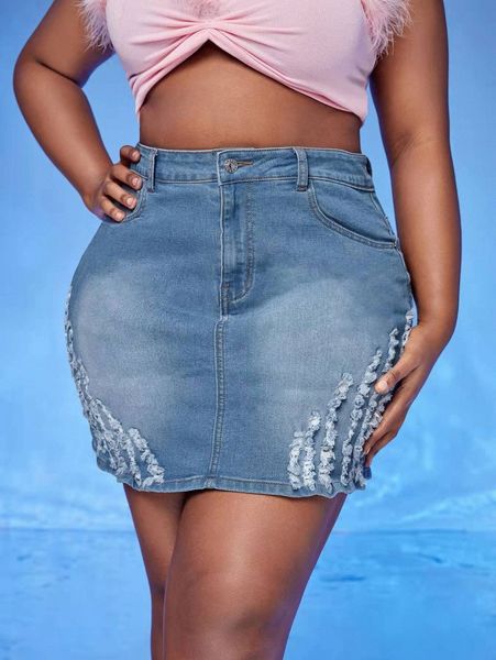 

plus high waist ripped denim skirt d152#, Black
