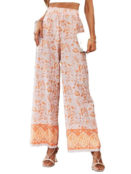 

floral print wide leg pants a53c#, Black;white