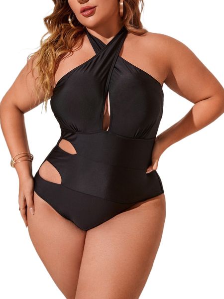 

plus cut-out criss cross halter one piece swimsuit n7ml#, White;black