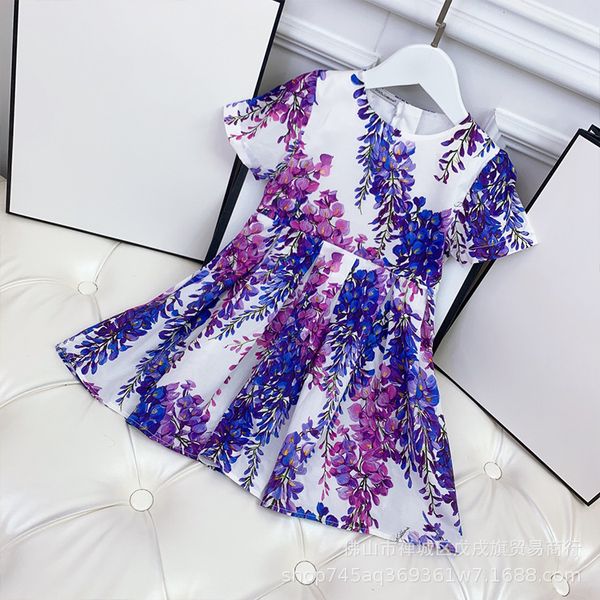

summer girls' dress floral wisteria short sleeve girls' dress holiday print dress, White