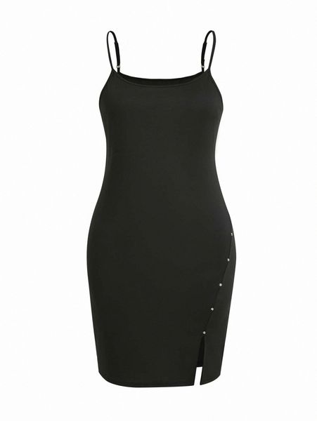 

plus split hem cami dress t66o#, Black