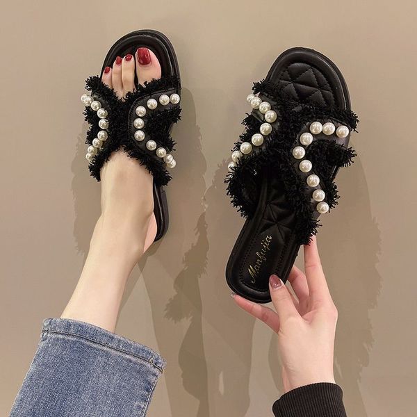 

2022 summer slippers multifunctional casual fashion pearl fairy wind shopping comfortable soft soled beach sandals special, Black