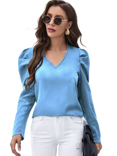 

v neck gigot sleeve blouse 83p8#, White