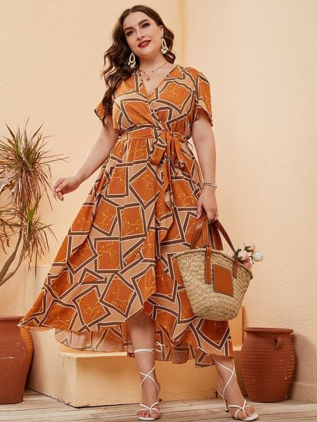 

plus geo print ruffle trim wrap belted dress s2tr#, Black