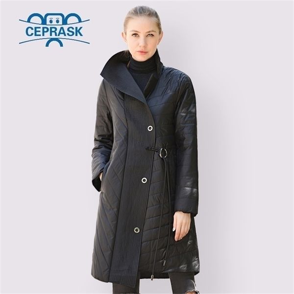 

ceprask spring autumn jacket women thin cotton parka fashion collar asymmetry long plus size coat warm clothes 201126, Black