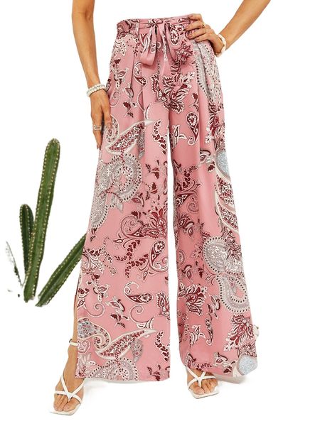 

paisley print split hem belted pants e7ox#, Black;white