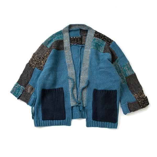 

japan retro style antique method handmade plaid vneck wool fabric splicing thickened taoist robe loose coat cardigan sweaters 220817, White;black