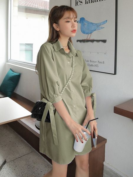 

dazy knotted cuff puff sleeve shirt smock dress 433z#, Black;gray