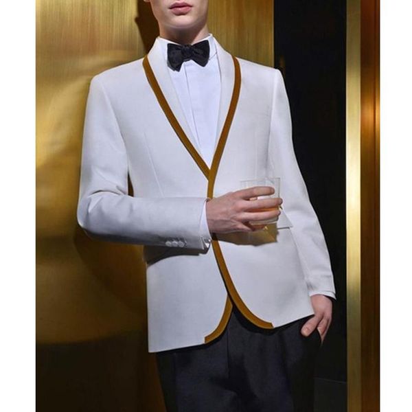 Herrenanzüge, Blazer, weißer Bräutigam-Smoking mit goldenem Revers für Hochzeit, Abschlussball, 2-teiliges Slim-Fit-Männerkleid, modisches Kostüm für Männer