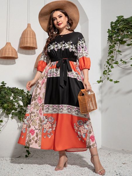 

plus random floral print lantern sleeve belted dress m2sq#, Black