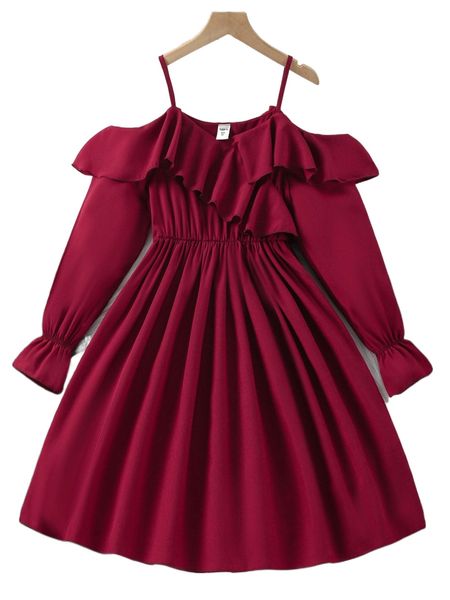 

girls cold shoulder ruffle trim flounce sleeve dress p4dm#, Black;white