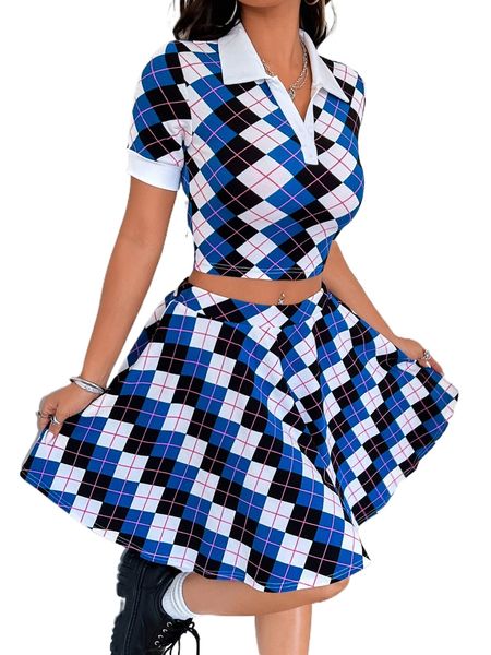 

argyle print contrast collar tee & flare skirt q5fi#, White
