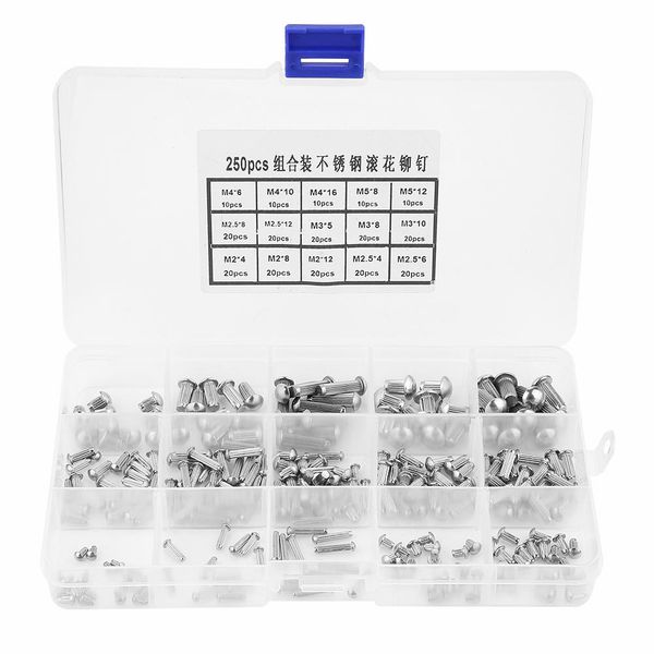 

250pcs m2-m5 stainless steel round head knurled shank solid rivets assortment set