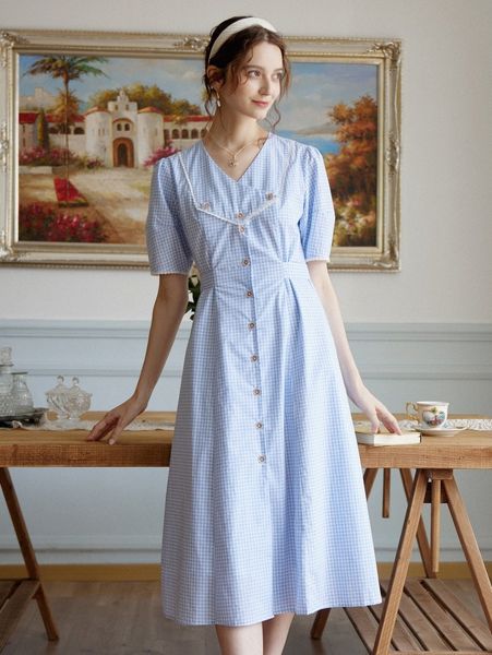 

simple retro gingham puff sleeve tie back button front dress k1km#, Black;gray