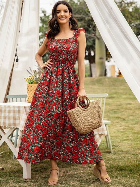 

floral print shirred a-line dress v2ng#, Black;gray