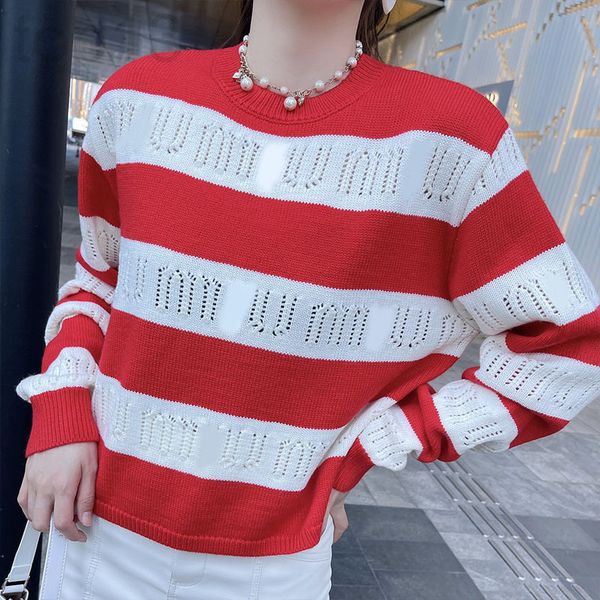 

women's knits & tees designer miu home hollowed out letter contrast striped sweater women's 22 early spring new loose round neck l, White