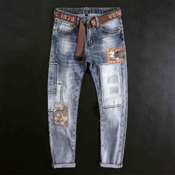 

men's jeans personalized jeans men's four seasons patch large light color versatile stitching fashion motorcycle casual leggings p, Blue