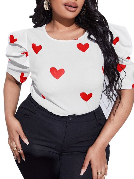 

plus heart print puff sleeve blouse j3mx#, Black