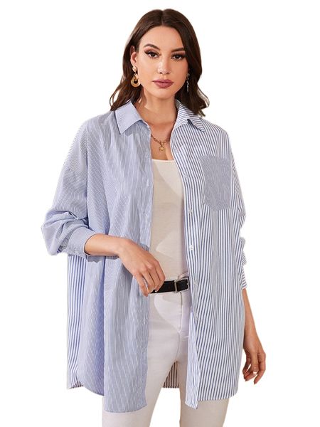 

striped print patch pocket drop shoulder longline blouse u38d#, White