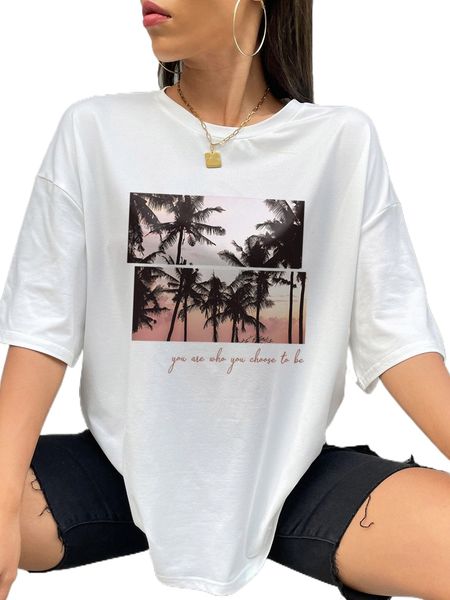 

coconut tree & slogan graphic drop shoulder tee r0bh#, White