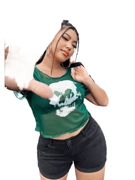 

plus skull print lettuce trim sheer mesh without bra 04dv#, Black