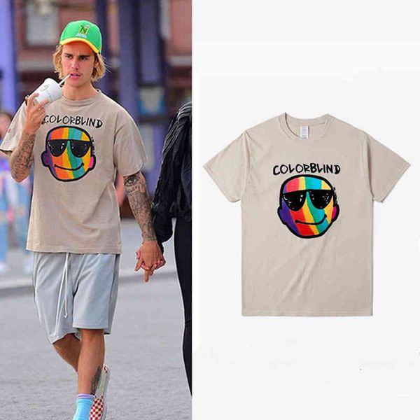 

designer summer rainbow smiling face loose t shirt colorblind street short sleeved men and women all-match bottoming shirt pure cotton top, White;black