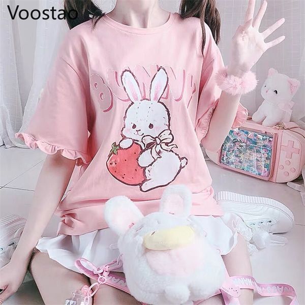 Summer Japanese Women Cute Lolita Pink T-shirt Kawaii Strawberry Bunny Graphic Ruffles Top manica corta Ragazza Rabbit Tee Tshirt 220321