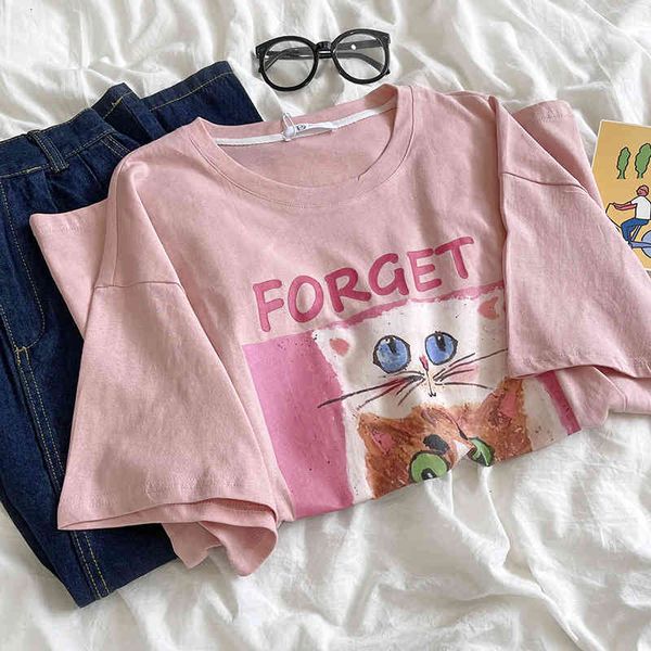 

women's t-shirt 2022 cute cat story graffiti print light pink loose oversize slim off shoulder short sleeve t-shirt 98a4, White