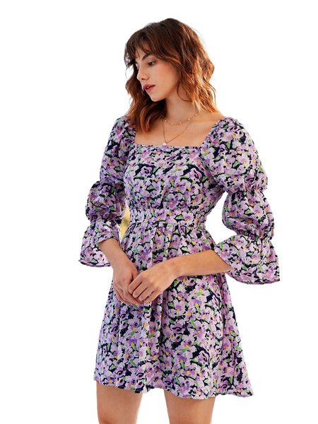 

allover floral print gather sleeve tied backless dress v2og#, Black;gray